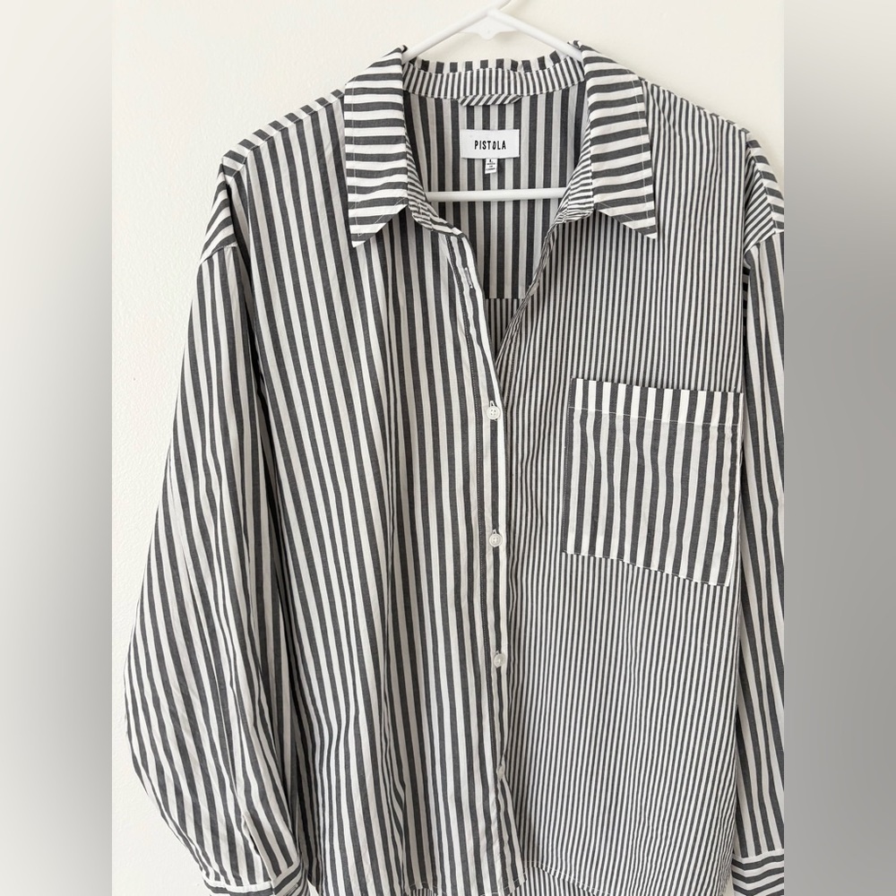 Pistola Millie Long Sleeve Button Down Shirt in Noir Ecru Stripe Size Large - Picture 4 of 7